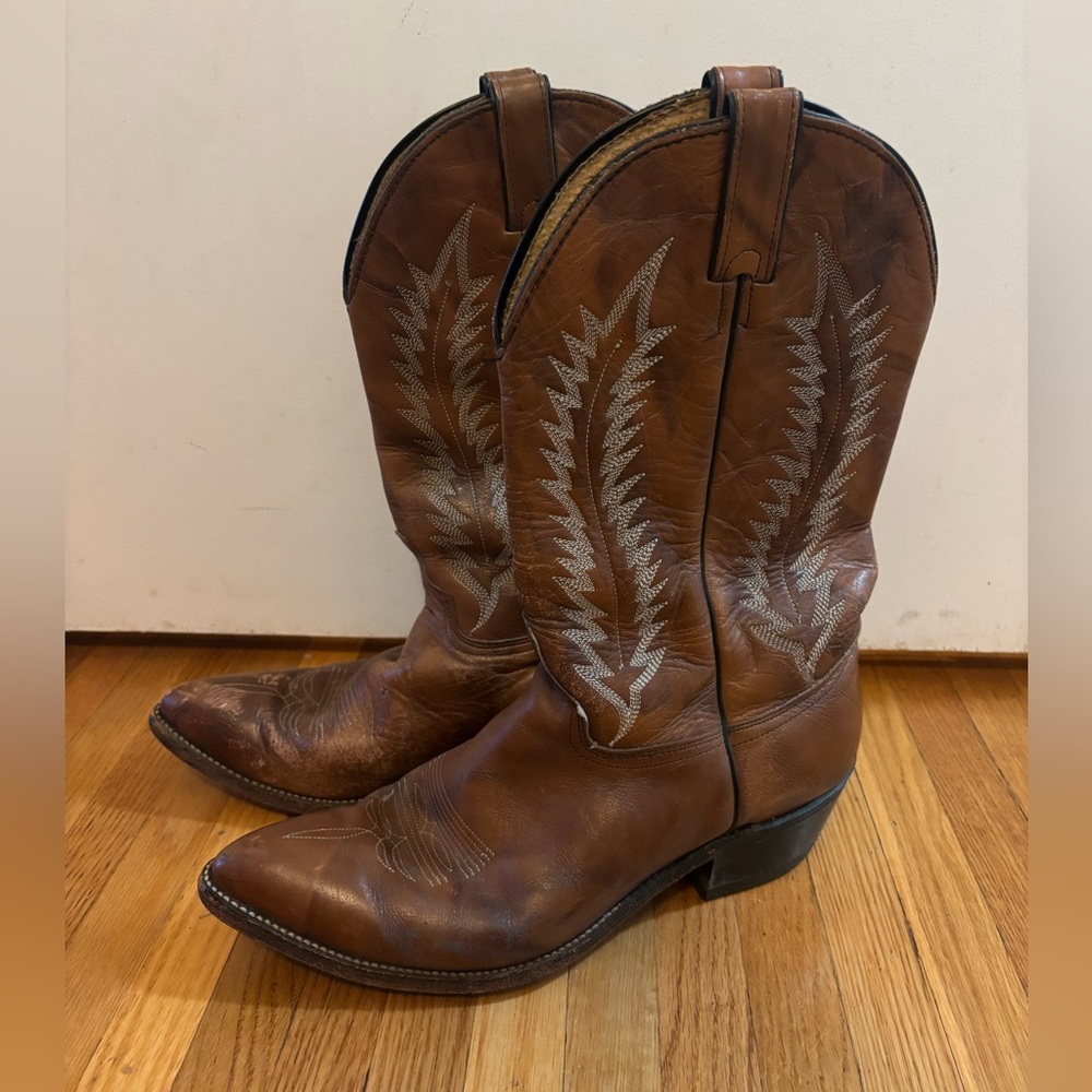 Cowgirl Western Pointed Toe Boots Two Tone Brown Leather Size 11 - Picture 1 of 6